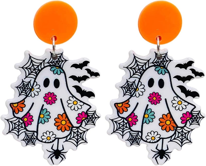 Colorful Halloween Resin Acrylic Dangle Earrings Cute Pumpkin Ghost Cat Bat Eye Spider Earrings for Women Girls Jewelry